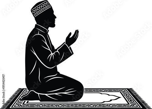 Muslim man praying silhouette Islamic prayer namaz on prayer mat religious worship vector illustration black white design spiritual devotion concept