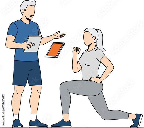 Fitness trainer instructs client through proper lunge form while reviewing progress notes on a digital tablet device