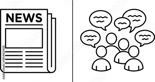 News media and public communication outline illustration featuring newspaper icon and group discussion with speech bubbles representing information sharing and audience engagement concept