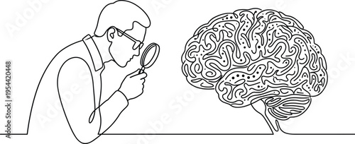 Continuous line drawing of scientist examining human brain with magnifying glass representing research neuroscience analysis intelligence and cognitive study concept