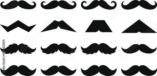 Mustache silhouette collection featuring vintage beard styles hipster facial hair icons isolated black vector illustration set for barber design