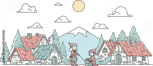 Two charming elves in a whimsical fantasy village, one pulling a rope and the other arranging objects, surrounded by cozy houses and pine trees.