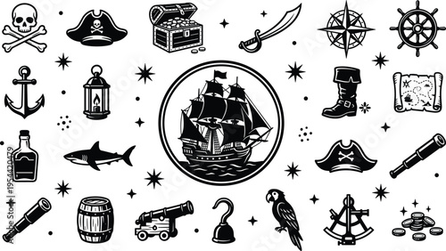 Vintage pirate themed vector illustration set featuring ship treasure chest skull anchor compass cannon parrot nautical icons isolated black silhouette design