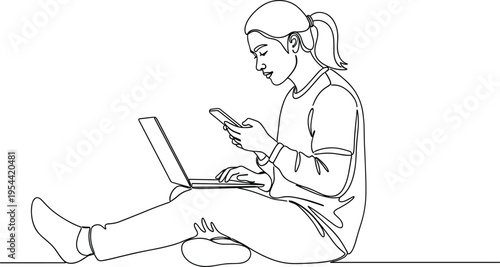 Continuous line drawing woman using laptop and smartphone multitasking modern lifestyle technology communication concept minimalist illustration