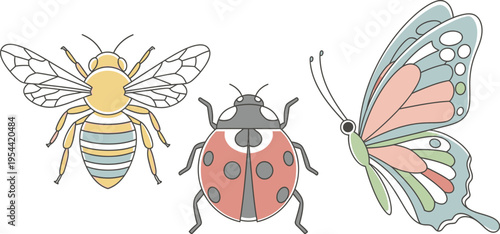Adorable minimalist vector illustration featuring a stylized honey bee, ladybug, and pastel butterfly arrangement