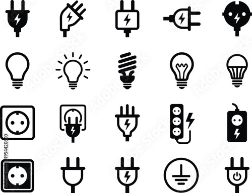 Electric plug and socket icon set with light bulbs power symbols energy connection collection vector illustration isolated on white background