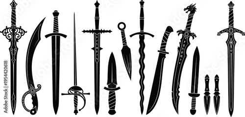 Fantasy swords and daggers silhouette collection featuring medieval blades weapons ornate designs isolated black vector illustration set for combat themes