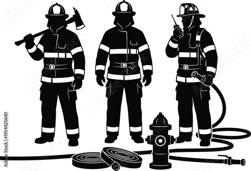Firefighters silhouette set featuring fire rescue team with equipment hose hydrant uniform isolated black vector illustration collection for emergency service design