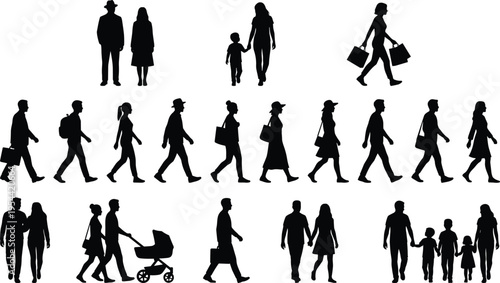 People walking silhouettes set diverse urban characters family shopping commuting vector illustration crowd movement black white design isolated collection