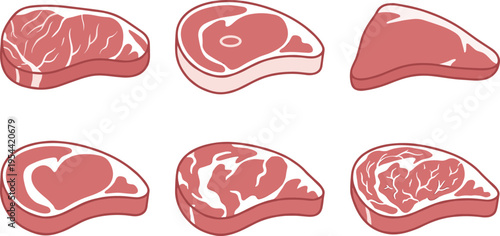 Raw beef steak cuts vector illustration set showing different marbling types and shapes isolated on clean background for butcher shop design