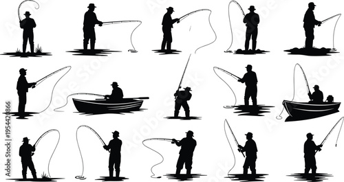 Professional fisherman silhouette vector set featuring various fishing poses and boat angling scenes isolated on white background for outdoor design.
