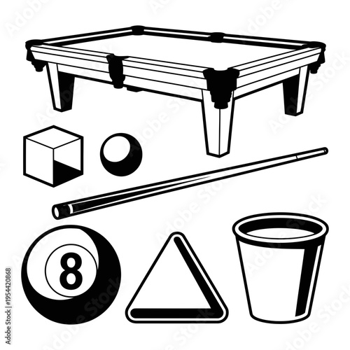 A black and white illustration of a pool table with accessories