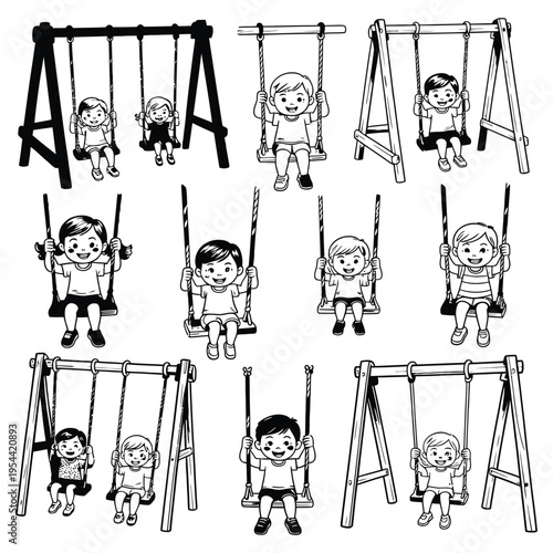 A swing set illustration with children playing on swings outdoors