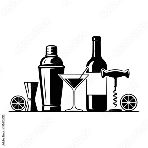 A cocktail icon set with a martini glass and wine bottle