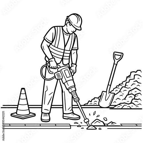 Worker in hard hat using jackhammer on construction site with shovel