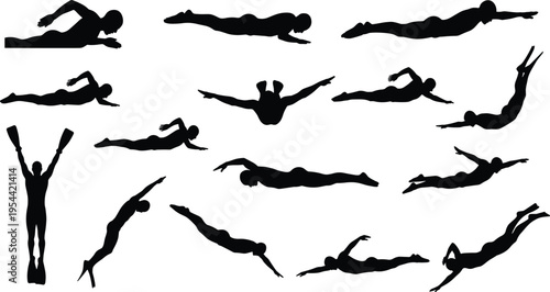 Professional swimmer silhouettes collection featuring athletes in various swimming strokes diving and underwater action poses for competitive water sports design.