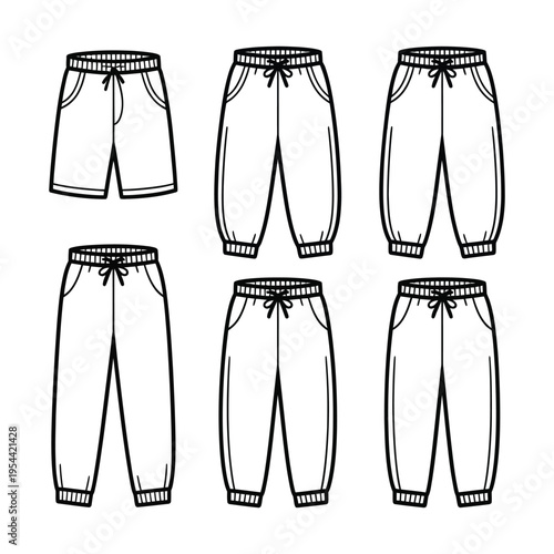 A set of six different pant styles in black and white illustration