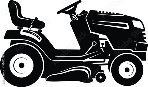 Riding lawn mower tractor silhouette vector illustration, garden grass cutting machine, landscaping equipment icon, black mower clipart isolated design
