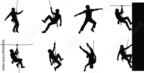 Rock climbing and rappelling silhouette collection with climbers on ropes and mountain walls for extreme outdoor sports adventure vector illustration