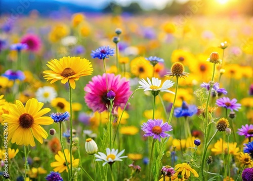 Sunny meadow filled with vibrant wildflowers including yellow daisies purple cornflowers and pink buttercups