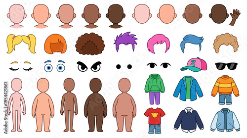 Character creator kit with various body types, hairstyles, and clothing options | Customizable avatar builder set in a flat cartoon illustration style