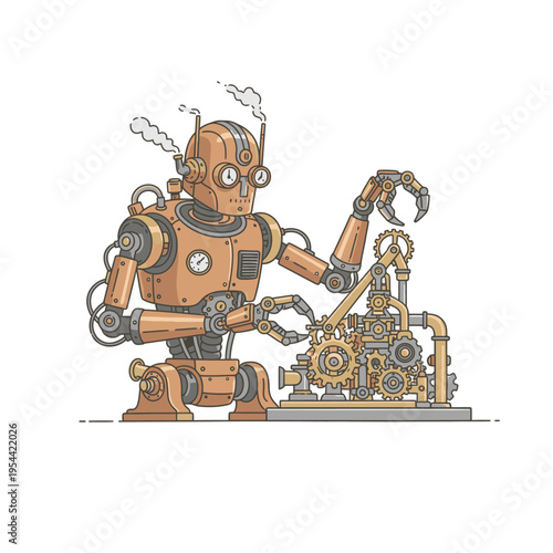 Intricate Steampunk Robot with Gears and Steam, a Vintage Mechanical Marvel