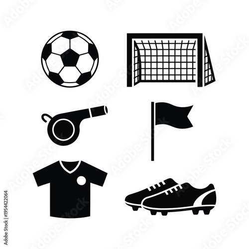 A black silhouette of soccer icons on a white background