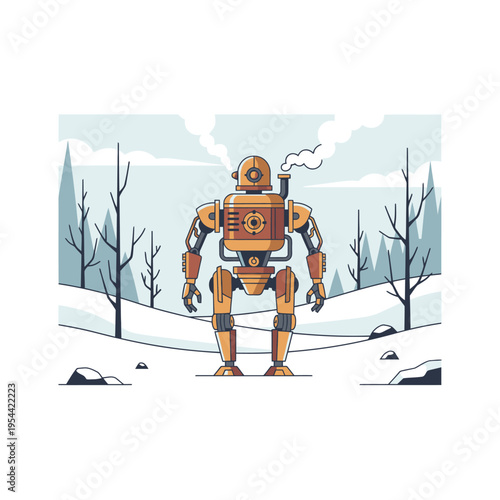 Whimsical Steampunk Robot Standing in a Snowy, Bare Winter Landscape