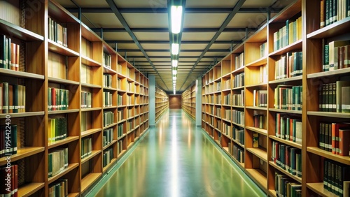 Long corridor of college library with empty bookshelves and dim fluorescent lights