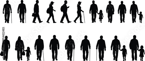 People walking silhouette collection with adults, seniors and children, urban pedestrian family figures vector set isolated on white background