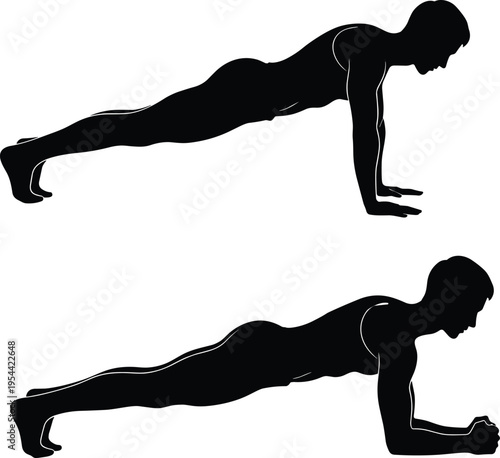 Push up exercise silhouette set with man performing plank workout isolated vector illustration for fitness training gym body strength design