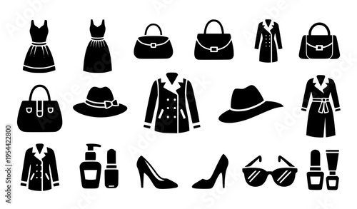 Bold fashion icon collection with solid clothing accessories and modern style symbols