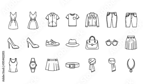 Minimal fashion icon set in thin line style with clothing accessories and apparel symbols