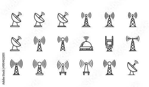 Minimal antenna icon set in thin line style with communication tower satellite and wireless signal symbols
