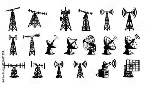 Hand drawn antenna icon set with vintage radio towers satellite dishes and wireless signal illustrations
