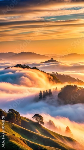 Foggy hills of San Francisco at sunset with a unique abstract landscape