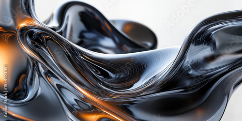 Abstract Liquid Metal Flow with Glossy Black Surface and Warm Highlights