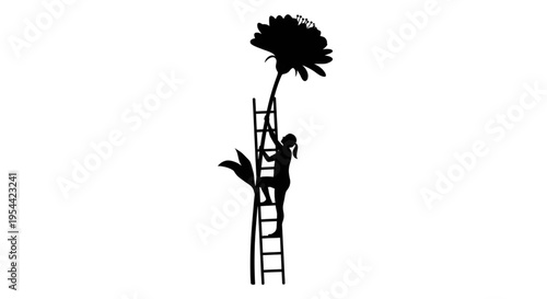 silhouette of a woman climbing a ladder to reach a giant flower representing ambition and personal growth