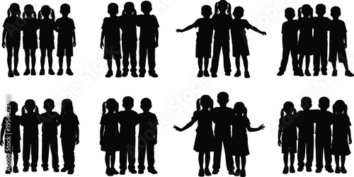 Children group silhouette collection with boys and girls standing together isolated vector set of kids friendship teamwork childhood people illustration