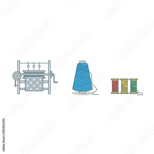 Vector illustration of a weaving loom with spools of thread and gears, representing the textile industry and craftsmanship
