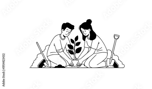 Environmental couple planting young tree together flat vector illustration in black and white for sustainability concept