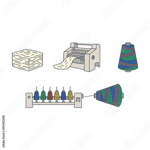 Illustration of the industrial textile manufacturing process, showcasing raw materials, machinery, and spools of thread