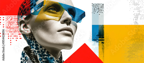 Futuristic portrait smart glasses halftone texture geometric shapes bold color modern art digital collage abstract pattern cyber style confident mood. Futuristic woman wearing smart, isolated