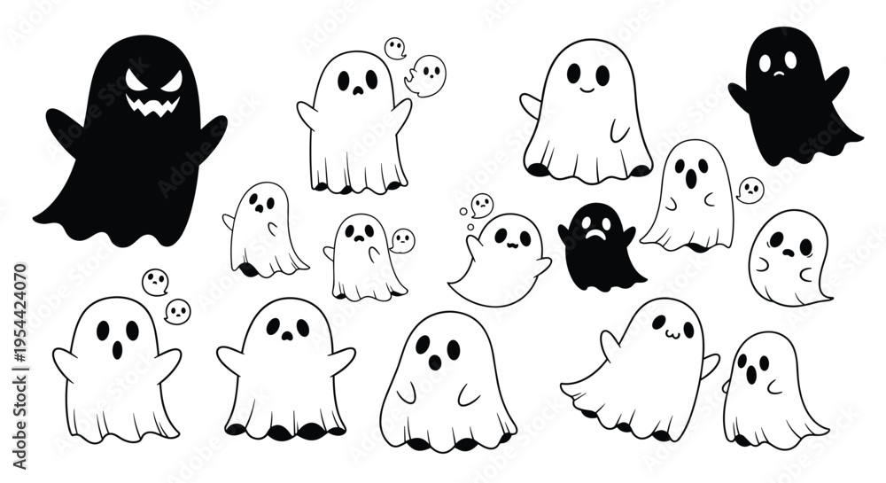 Fototapeta premium Black and white vector illustration set featuring various cute and spooky halloween ghosts with different expressions for seasonal greeting cards and festive branding design