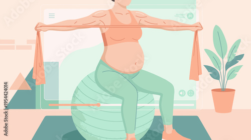 Pregnant woman performing a resistance band exercise while seated on a fitness ball in a clean vector style. Safe prenatal pilates, gentle load and controlled movement for maternal health.