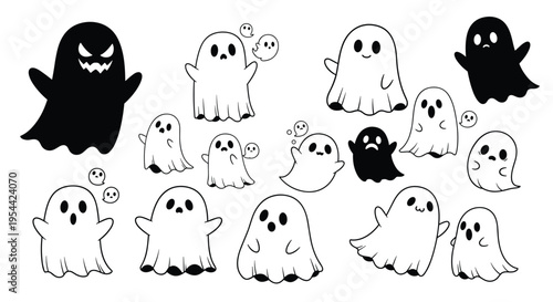 Black and white vector illustration set featuring various cute and spooky halloween ghosts with different expressions for seasonal greeting cards and festive branding design