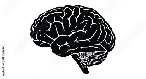 Black and white vector silhouette of a human brain side view illustration for medical neurology science psychology and mental health concepts isolated on white
