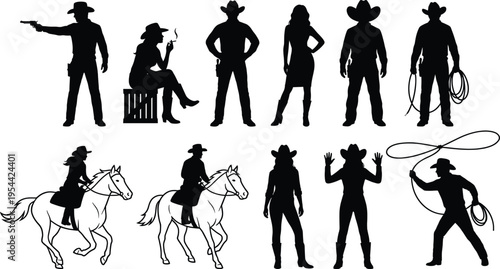 Collection of cowboy and cowgirl silhouettes with horses and lasso actions, showcasing western lifestyle, rodeo culture, and dynamic poses, isolated on white background for design use