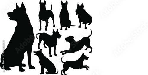 Collection of dog silhouettes in various poses, showcasing playful behavior, obedience, and movement, isolated on white background for pet design and creative projects