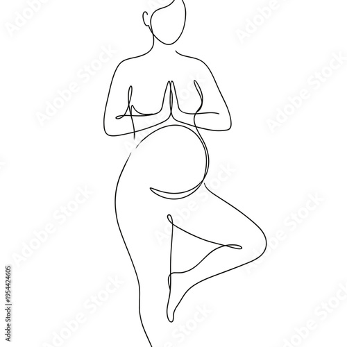 Minimal line art of a pregnant woman standing in tree pose with hands in prayer on a clean background. Balance, mindfulness and prenatal wellness lifestyle concept vector illustration.